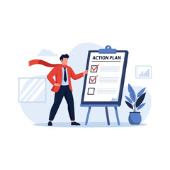 Businessman pointing at action plan on a whiteboard. © Basecamp
