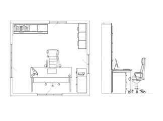 Fototapeta premium 2D Home Office Floor Plan – CAD Layout with Furniture & Elevation