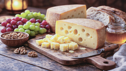 Alpine farmhouse food scene featuring Swiss cheese wheels, fresh bread, grapes and honey on wooden board.