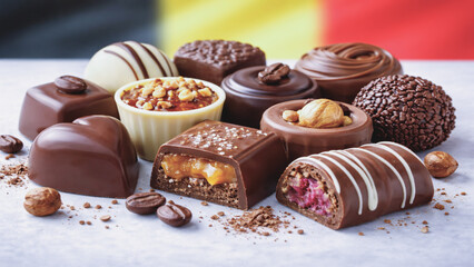 Elegant assortment of handcrafted Belgian chocolates with shiny coating and soft interior texture.