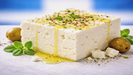 Fresh feta cheese block with olive oil, oregano, and green olives, classic Greek meze dish.