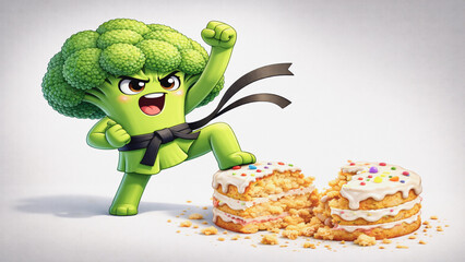 Energetic broccoli martial artist kicking a cake, symbol of defeating sugar addiction and choosing healthy lifestyle.