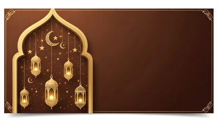 Ornate Ramadan Greeting Banner: Golden hanging lanterns, crescent moon and stars inside an archway, dark brown background, luxury invitation template, Islamic holy month celebration concept