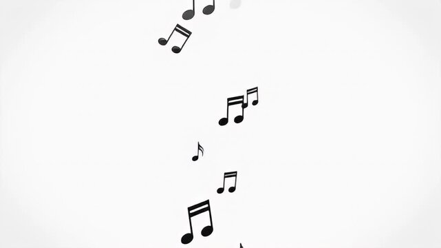 Abstract musical notes floating and dancing on a white background.