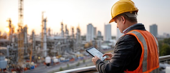 Engineer monitors data on tablet at oil and gas plant during sunset with industrial structures in the background