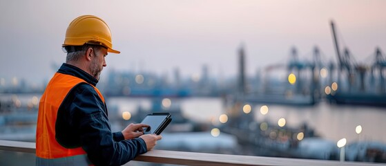 Engineer views data on tablet at oil and gas production plant during sunset with industrial buildings in background