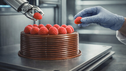 Robotic arm and human hand placing fresh raspberries on a chocolate cake in a high-tech kitchen.
