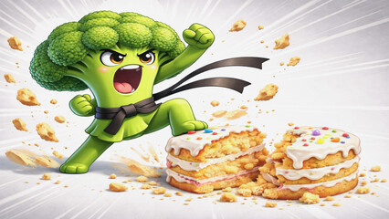 Powerful broccoli karate fighter smashing a cake, symbol of defeating sugar cravings and choosing healthy lifestyle.
