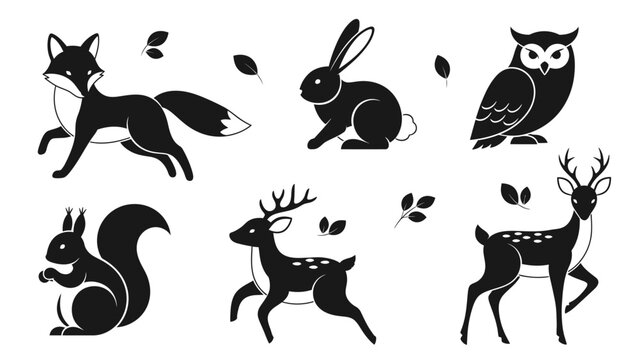 Set of black animal silhouettes illustrations.
