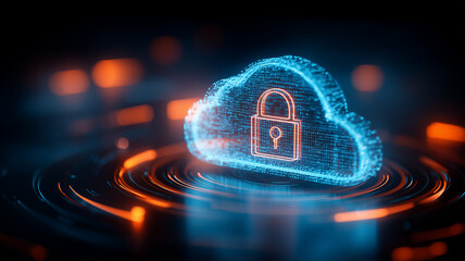 Digital cloud with padlock symbol representing cybersecurity protection secure data storage and cloud computing security concepts.
