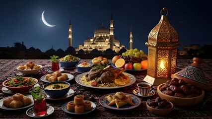 Traditional Iftar Feast Table: Rich Middle Eastern dishes, meat, salads, dates, tea, glowing lantern, mosque silhouette under crescent moon, Ramadan dinner, Islamic hospitality concept