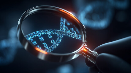 A magnifying glass focusing on a DNA double helix representing genetic analysis biotechnology research and precision science concepts.
