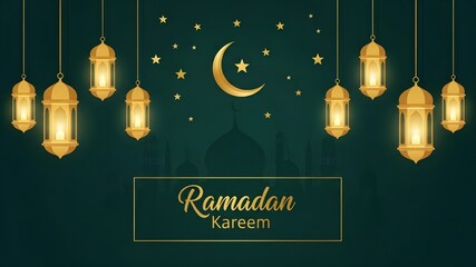 Ramadan Kareem Dark Green Greeting: Golden hanging lanterns and stars over mosque silhouette, elegant typography, Islamic holy month celebration, religious peace and faith concept
