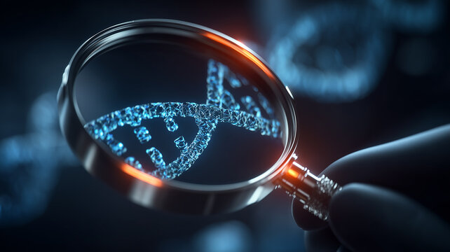 A magnifying glass focusing on a DNA double helix representing genetic analysis biotechnology research and precision science concepts.
- Powered by Adobe
