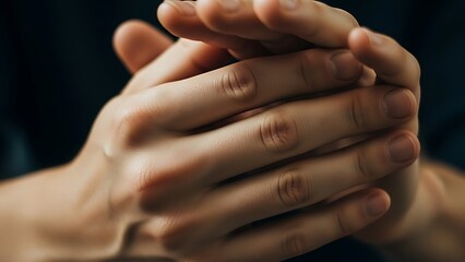 Close up of hands clasped together in prayer or contemplation.