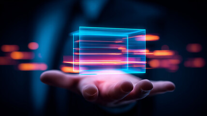 A transparent digital cube floating above an open hand, representing data storage, information processing and cloud computing.
