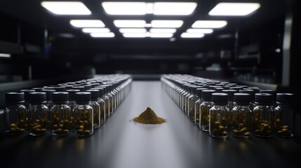 Rows of sterile vials containing powdered medicine with a small heap of the substance in the center