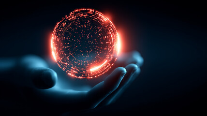 A glowing circular digital energy core floating above a human hand representing advanced data processing power and technological innovation.
