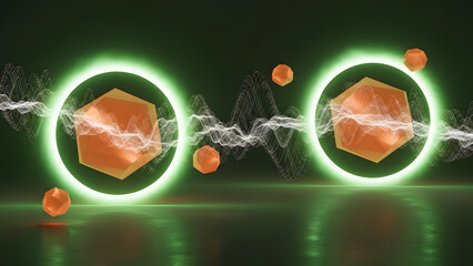 Abstract quantum entanglement of geometric orange polyhedra within glowing green rings against a wavy backdrop