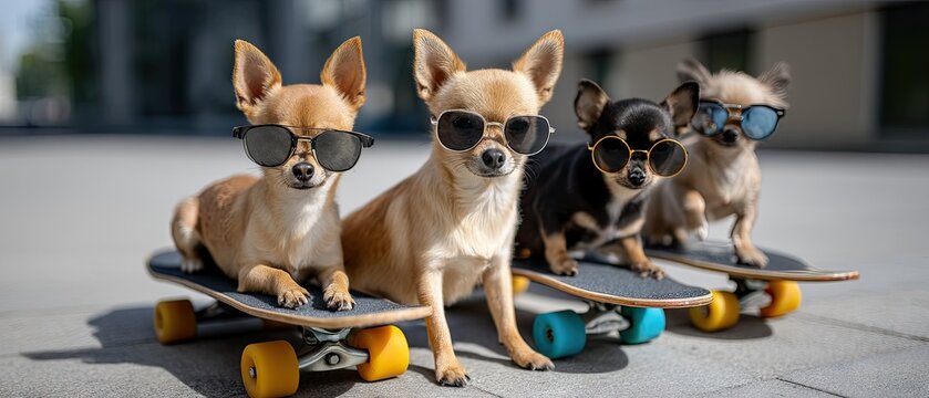 Four chihuahuas wearing sunglasses ride skateboards in Los Angeles on a sunny day with an urban backdrop