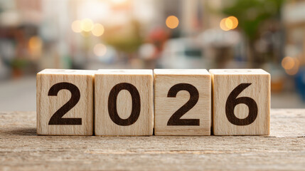 Year 2026: Wooden blocks displaying the year 2026 on a weathered wooden surface, anticipating the possibilities of the future. 
