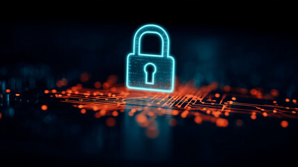 A glowing padlock icon on a digital circuit surface, representing cybersecurity protection and data security systems.
