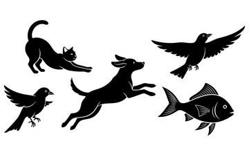 Fototapeta premium Collection of diverse animal silhouettes capturing dynamic movements of pets, wildlife, and aquatic creatures in a simple, graphic style