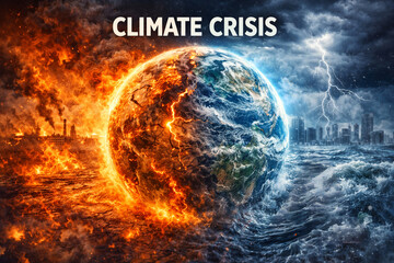 Climate crisis, a burning and flooded Earth. Global warming, climate change, environmental catastrophe, extreme weather events, and the urgent future of the planet.