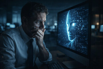 Worried office worker facing an artificial intelligence reflection on a computer screen. Concept of AI replacing human jobs, automation, job insecurity, and the future of work in the digital age.