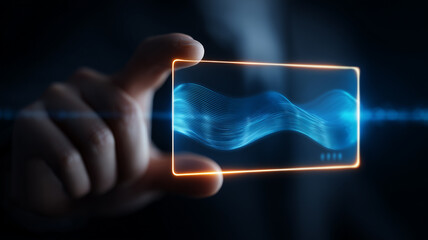 Digital waveform interface held between fingers symbolizing data transmission signal analysis and communication technology concepts.
