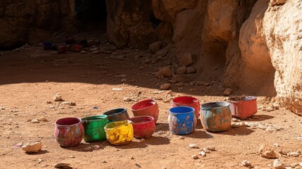 Scattered colorful empty plastic containers strewn across arid rocky ground with a cave in the background