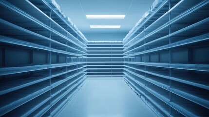Obraz premium Rows of empty medical supply shelves in a clean storage room with overhead fluorescent lighting