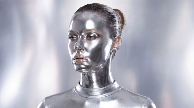 Silver face mask metallic body paint futuristic woman shiny skin creative makeup fashion model smooth background reflective surface artistic portrait beauty female elegance