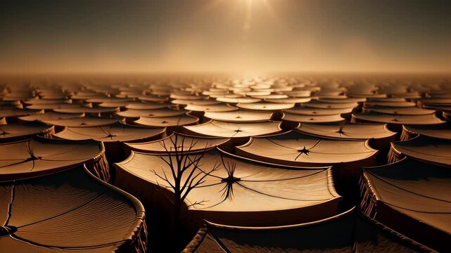 Cinematic view of a withered tree standing on dry cracked ground under a scorching sun, illustrating global warming and drought concepts in a seamless 3D landscape.