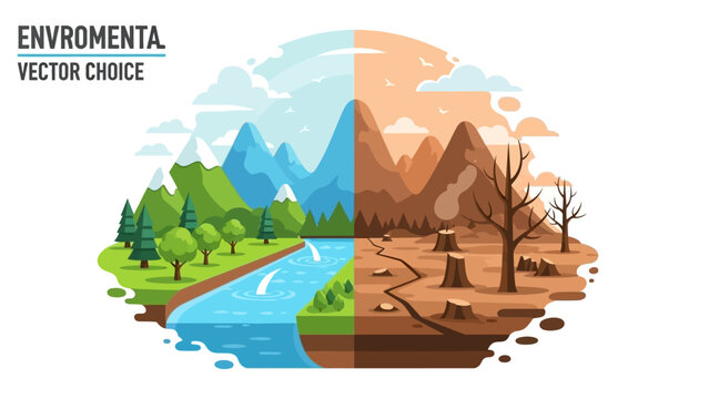 Vibrant green landscape contrasting with barren deforested land, illustrating environmental degradation and climate change impact.