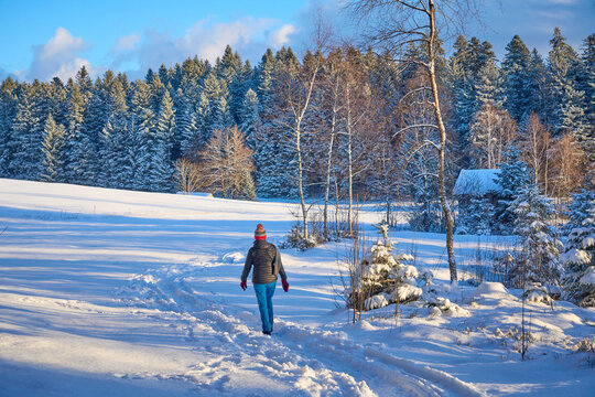Active senior woman hiking in snowy winter landscape at sunset in the Bregenzerwald, Vorarlberg, Austria