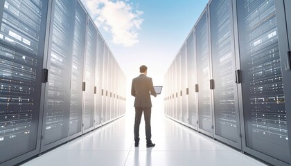 Business Professional Standing in Data Center Aisle with Laptop, Sunlight Illuminating Server Racks, Cloud Technology Concept for Digital Transformation