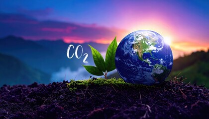 Earth with Green Leaves and CO2 Symbol against a Vibrant Mountain Sunset Highlighting Climate Change and Environmental Awareness