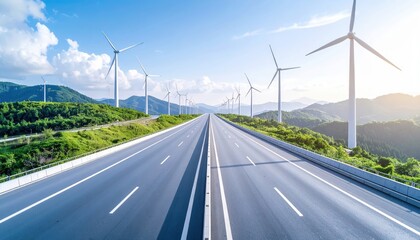 Scenic view of a deserted highway surrounded by lush green hills and towering wind turbines under a bright blue sky with fluffy clouds
