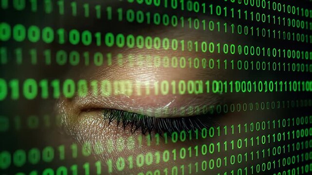 Close up of a human eye reflecting binary code symbolizing digital surveillance and data privacy concerns.