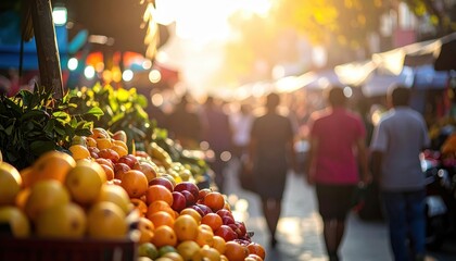 Vibrant Outdoor Market Scene at Sunset with Fresh Fruits and People Strolling Amidst Colorful Stalls and Warm Light Creating a Lively Atmosphere