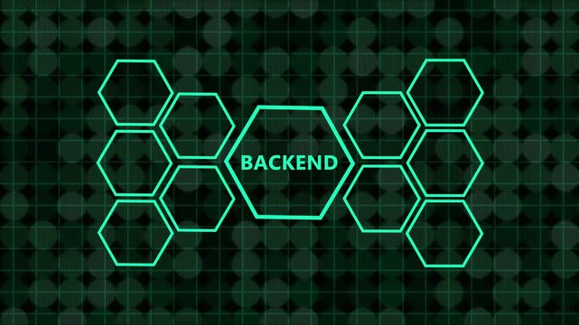 Conceptual illustration of backend development and services represented by glowing blue hexagonal icons on a dark digital grid background, symbolizing technology and business processes
