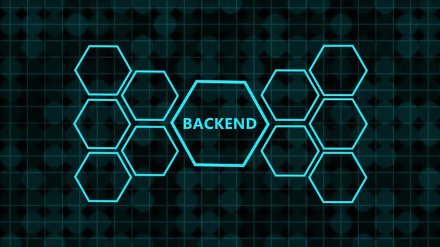 Conceptual illustration of backend development and services represented by glowing blue hexagonal icons on a dark digital grid background, symbolizing technology and business processes