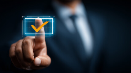 A finger pressing a digital check mark interface representing approval verification and successful decision confirmation.
