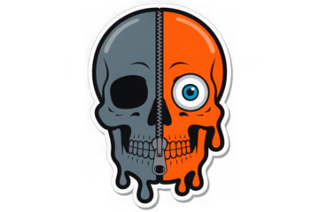 Stylized cartoon skull logo design with melting effect and eye for general use