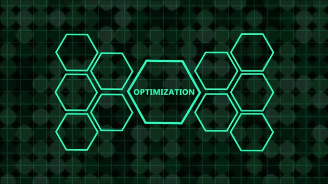 Business optimization strategy concept with hexagon icons for teamwork, idea, target, finance, growth, and support on dark digital background