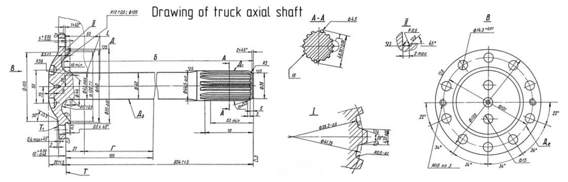 Truck axial shaft. Engineering automotive assembly mechanical drawing of steel 
device on paper sheet. Industrial cad scheme. 
Technology design of machine building industry.
Machined template.