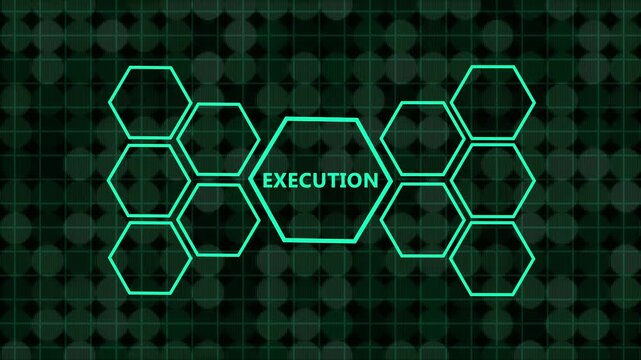 Business execution concept with glowing neon blue icons in hexagons on a dark digital background, symbolizing strategy implementation, teamwork, goal setting, and growth
