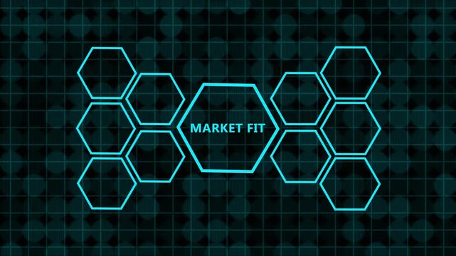 Digital concept of market fit with glowing green hexagons on a dark grid background, representing business strategy and technology integration in a modern interface style