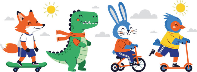 Naklejka premium Whimsical cartoon animals enjoying outdoor fun on various ride on toys
